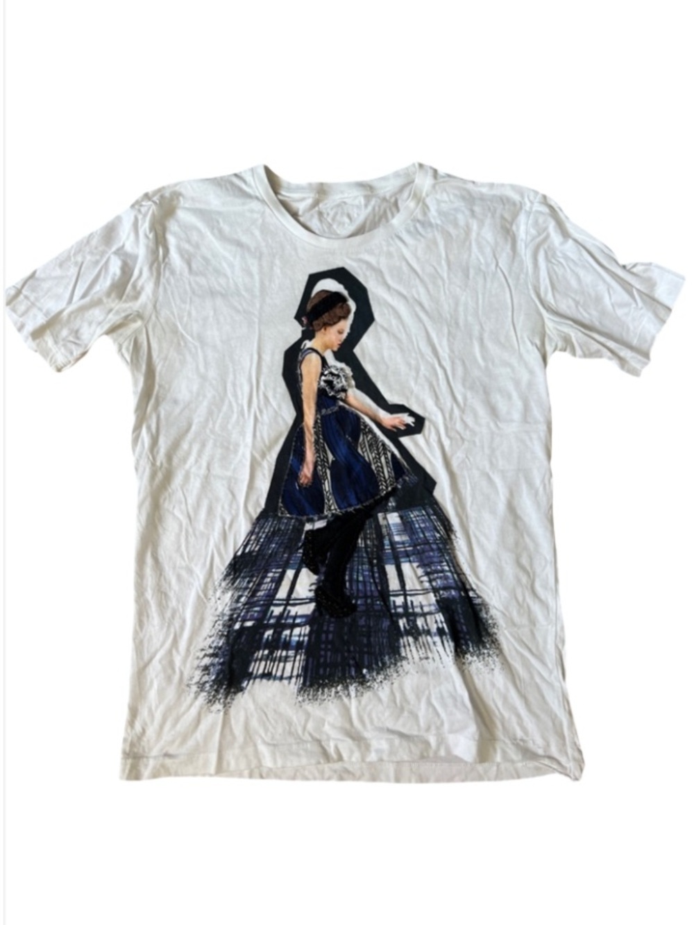 Prada White Graphic Short Sleeve Tee with Navy & Black Print